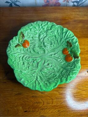 Vintage Green Ceramic Lettuce Leaf Serving Platter with Orange Accent